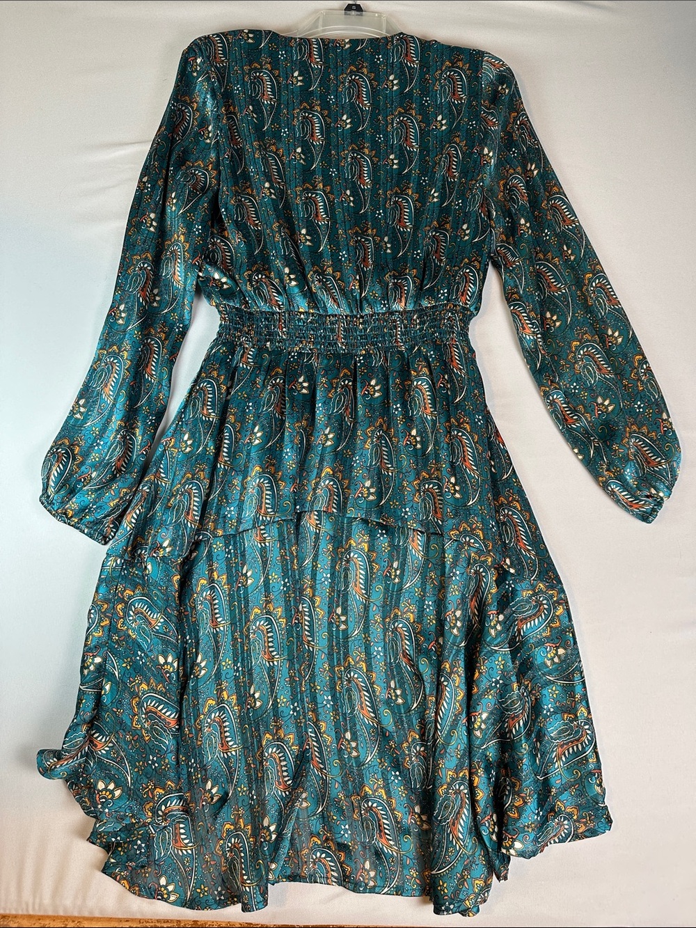 Esqualo Dress Womens 10 Green Blue Paisley Chiffon Fit Flare Long Sleeve Boho - Picture 2 of 5